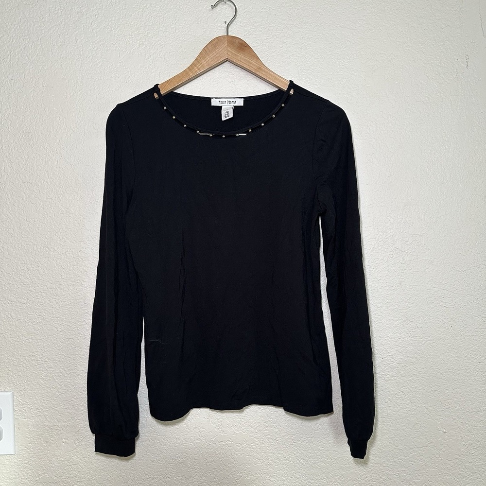 White House Black Market Womens Small Long Sleeve Blouse‎ Black Scoop Neck Beads
